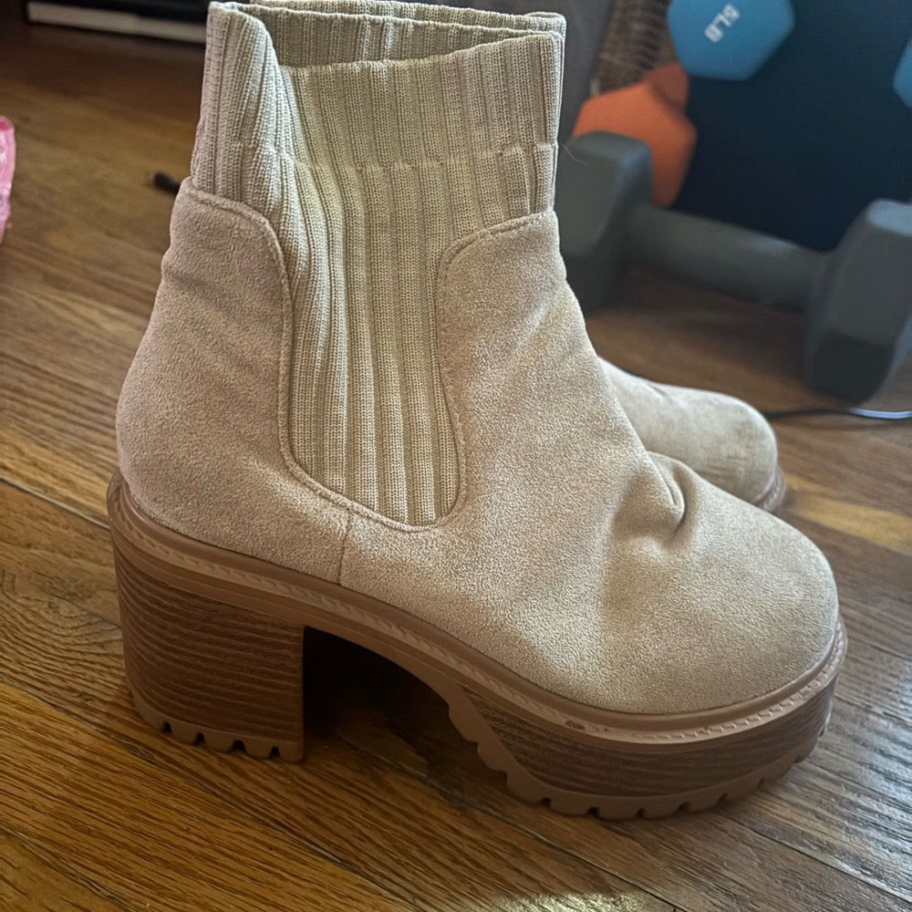 Beige Suede Platform Ankle Boots - Picture 3 of 3